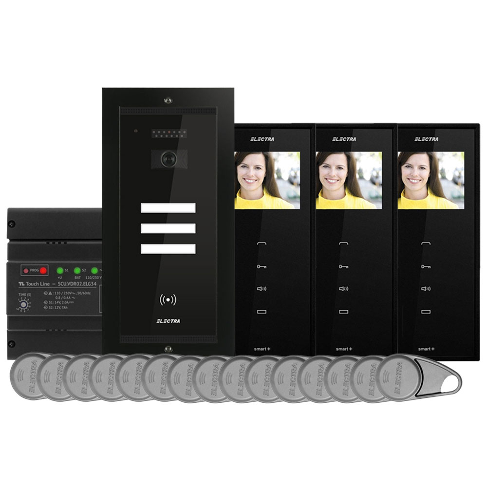 Kit videointerfon Electra Touch Line Smart+ VKM.P3FR.T3S4.ELB04, RFID, 3 familii, ingropat, 3.5 inch Electra imagine noua tecomm.ro