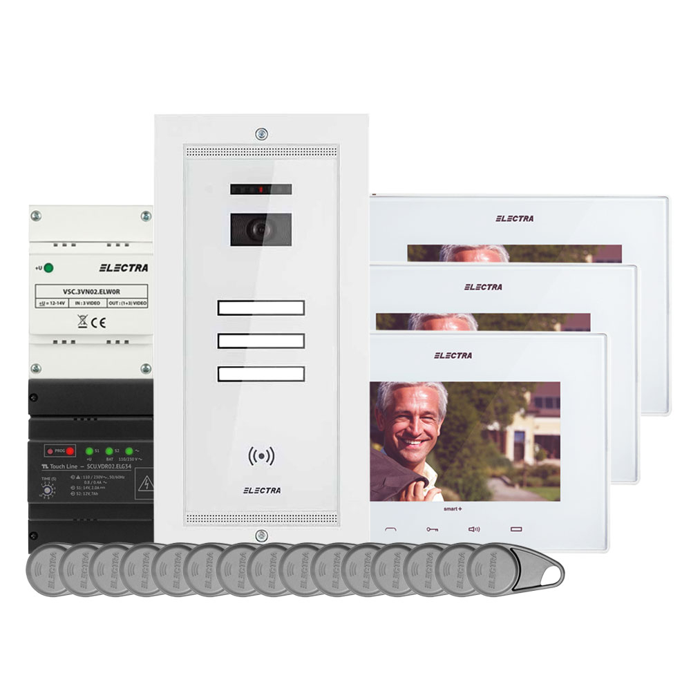 Kit videointerfon Electra Touch Line Smart+ VKM.P3FR.T7S4.ELW, RFID, 3 familii, ingropat, 7 inch Electra imagine 2022