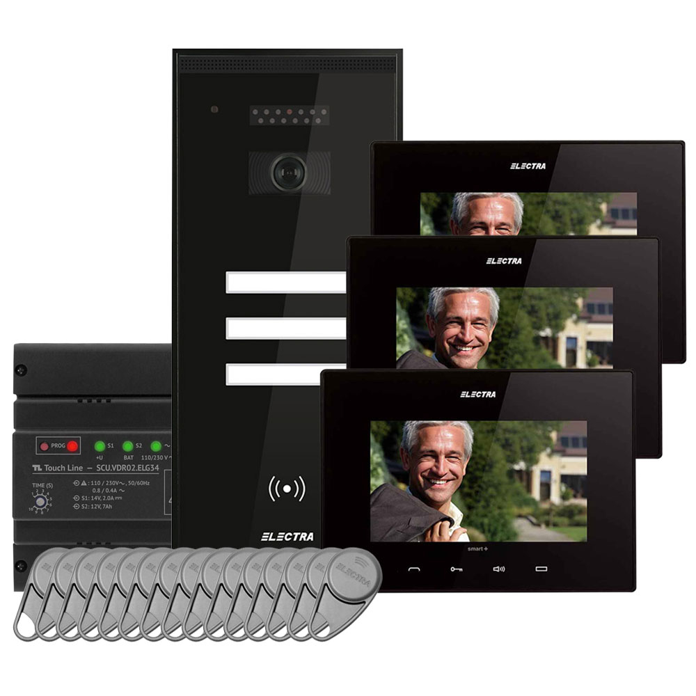 Kit videointerfon Electra Touch Line Smart+ VKM.P3SR.T7S4.ELB04, RFID, 3 familii, aparent, 7 inch de la Electra