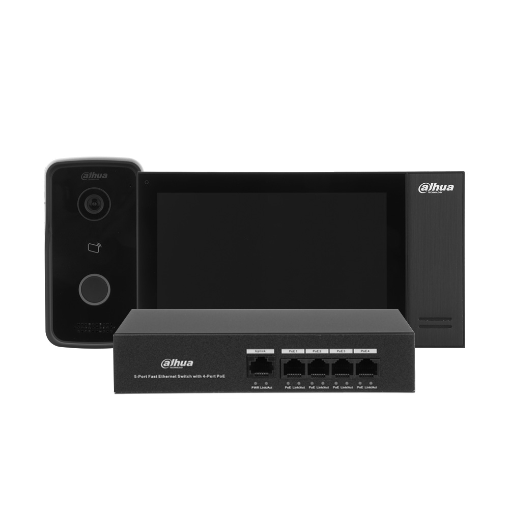 Kit videointerfon IP Dahua KTP02, 1 MP, 1 familie, aparent, 7 inch, IC card, control de la distanta, PoE aparent imagine noua idaho.ro