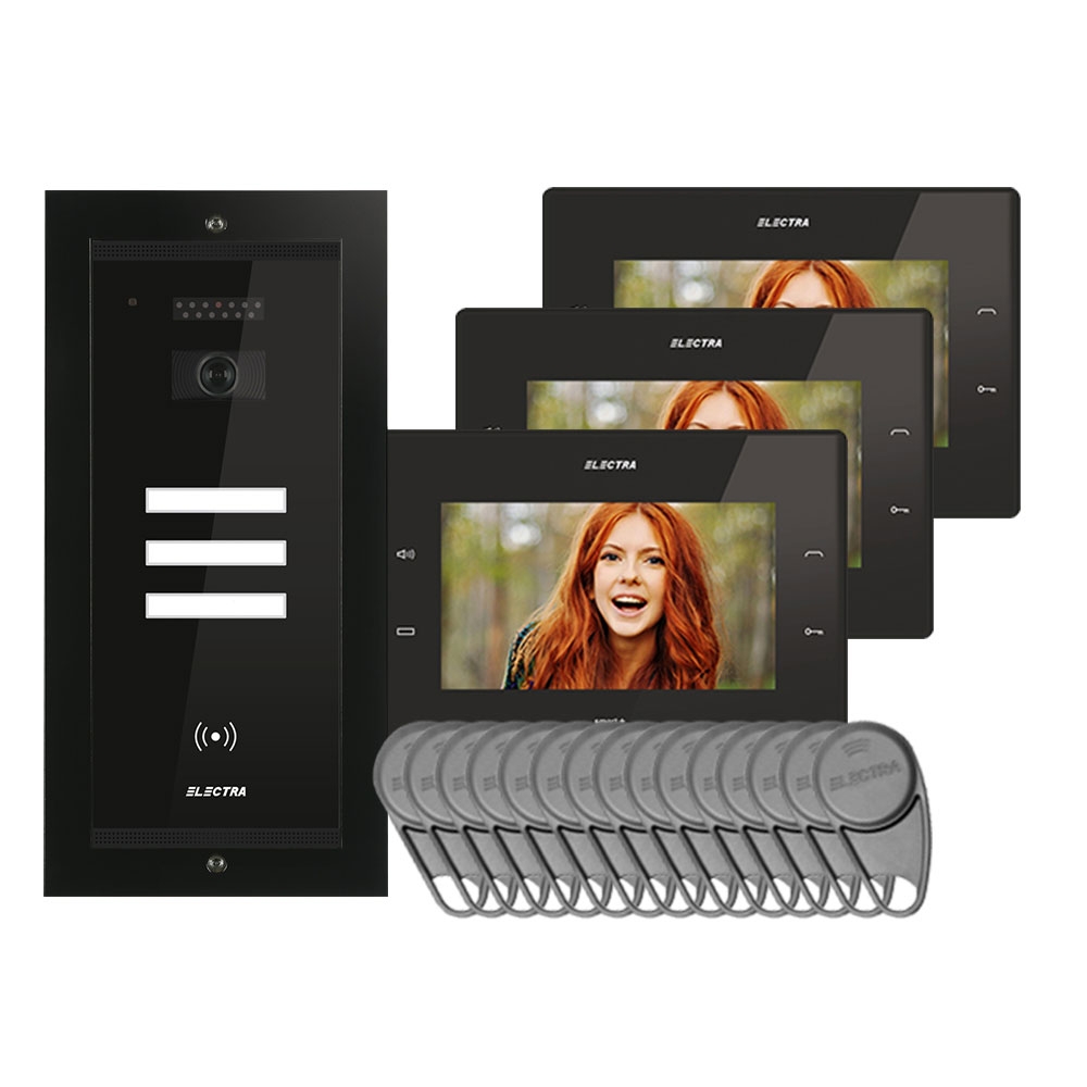 Kit videointerfon Electra Touch Line Smart+ VKM.P3FR.T7S4.ELB, 3 familii, ingropat, ecran 7 inch