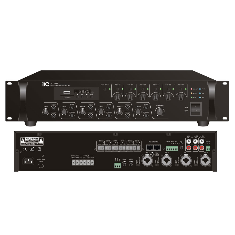 Mixer amplificator cu 6 zone de reglaj pentru sisteme de Public Address PA ITC TI-2406S, 240 W, 100 V, MP3 (USB/SD), FM Tuner, Bluetooth, 1U ITC