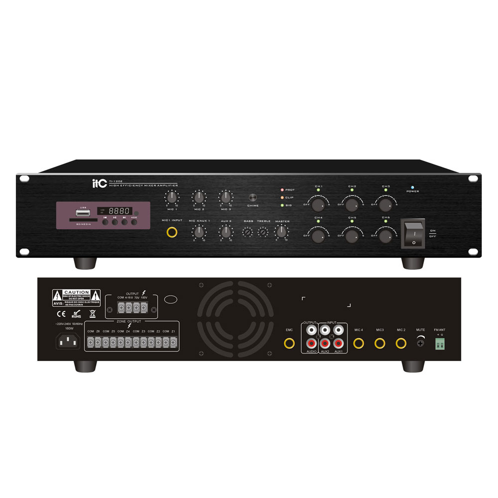 Mixer amplificator cu 6 zone de reglaj pentru sisteme de Public Address PA ITC TI-240Z, 240 W, 100 V, MP3 (USB/SD), FM Tuner, Bluetooth, 1U ITC