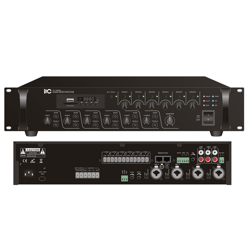 Mixer amplificator cu 6 zone de reglaj pentru sisteme de Public Address PA ITC TI-5006S, MP3 (USB/SD), FM Tuner, Bluetooth, 500 W, 100 V la reducere (USB/SD)