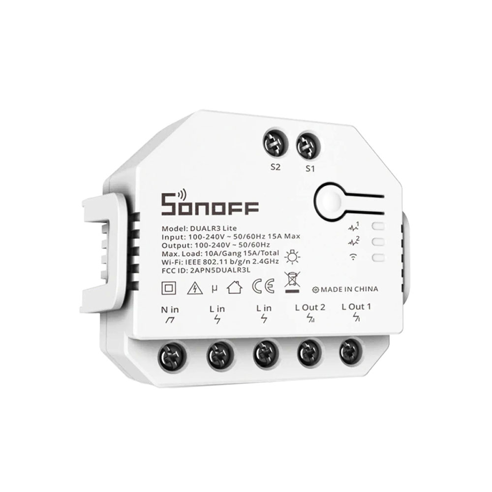 Modul de comanda smart WiFi Sonoff DUALR3 Lite, 2 canale, 15A/3300W, 2.4 GHz, inching la reducere 15A/3300W