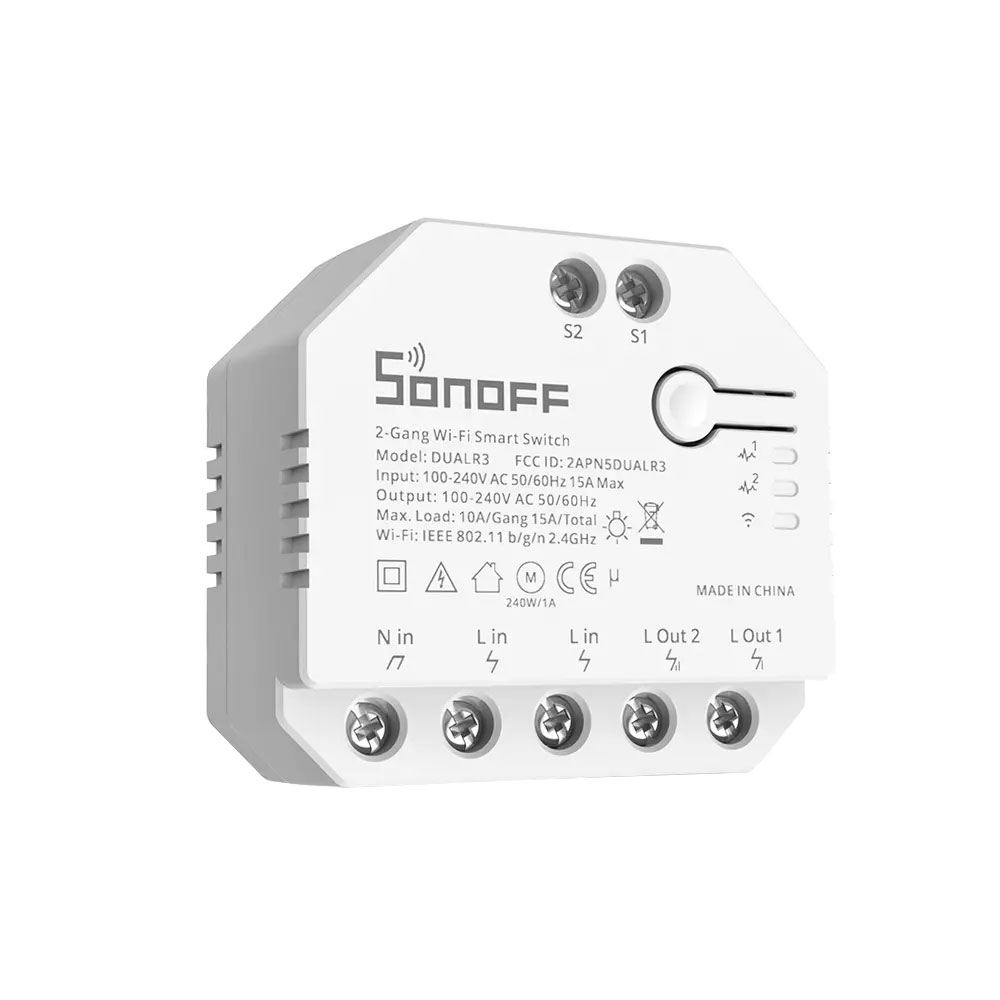 Modul de comanda smart WiFi Sonoff DUALR3, 2 canale, 15A/3300W, 2.4 GHz, inching, contor consum la reducere 15A/3300W