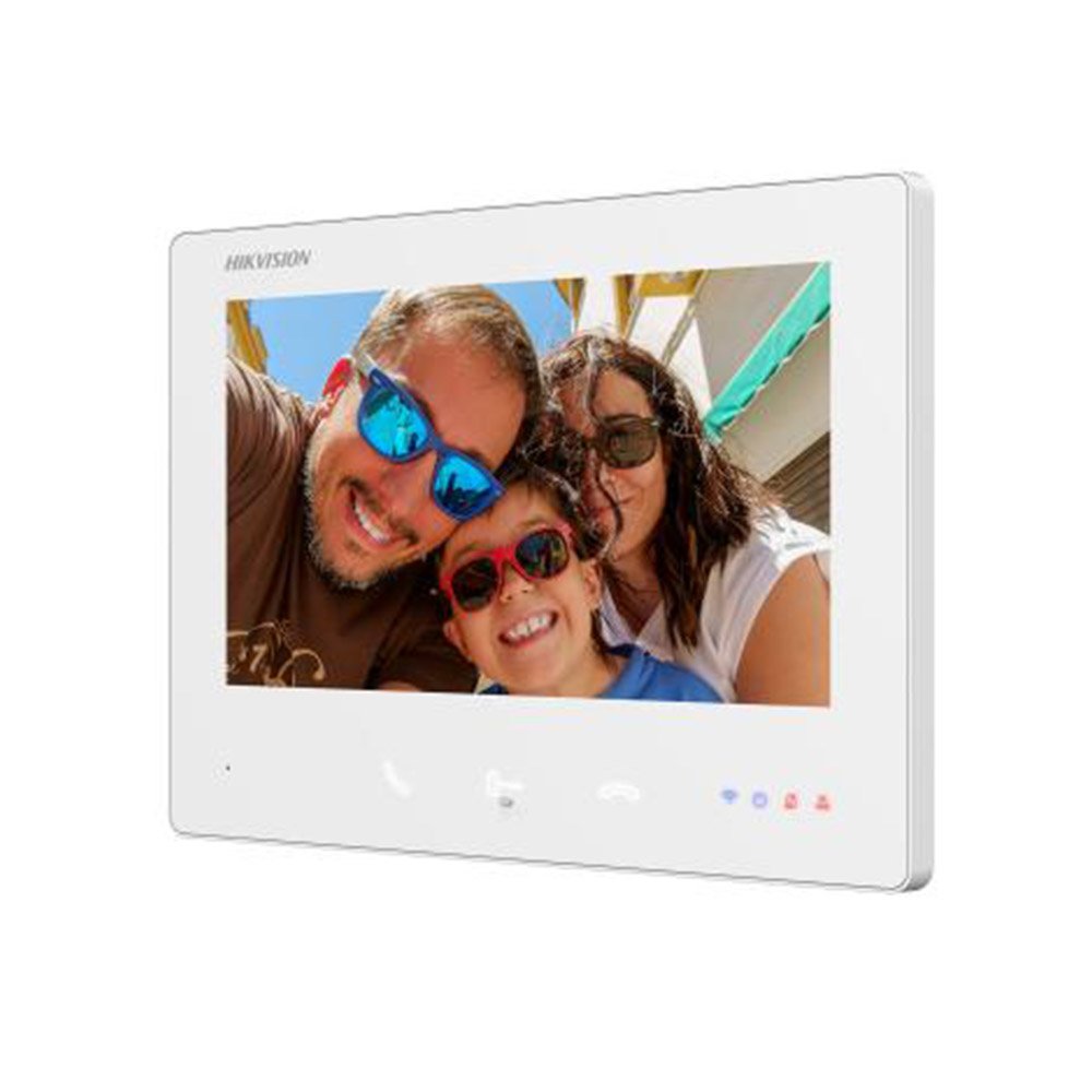 Monitor videointerfon interior Hikvision DS-KH7300EY-WTHE2, 7 inch, touchscreen, WiFi, 2 fire, control de pe telefon, slot card, microfon si difuzor, montaj aparent, alb