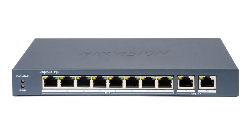 Switch 8 porturi Hikvision DS-3E0310P-E/M(B), 2x Gigabit, 80W, 5.6 Gbps, 10 Mbps, 8000 MAC, fara administrare