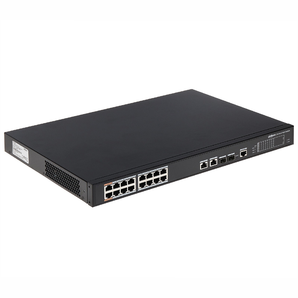 Switch cu 16+4 porturi PoE Dahua PFS4218-16ET-240, 4000 MAC, 1000 Mbps, cu management