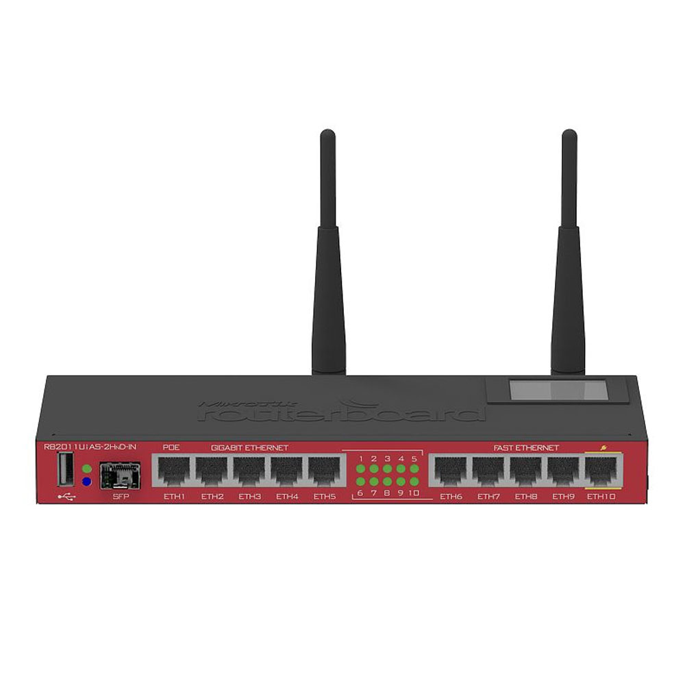 Router wireless MikroTik RB2011UIAS-2HND-IN, 2.4 GHz, 300 Mbps, 5x10/100 Mbps, 5x10/100/1000 Mbps, port SFP, PoE pasiv
