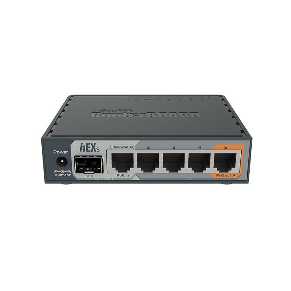 Router MikroTik hEX S RB760IGS, 5 porturi, 10/100/1000Mbps, port SFP, PoE pasiv 10/100/1000Mbps