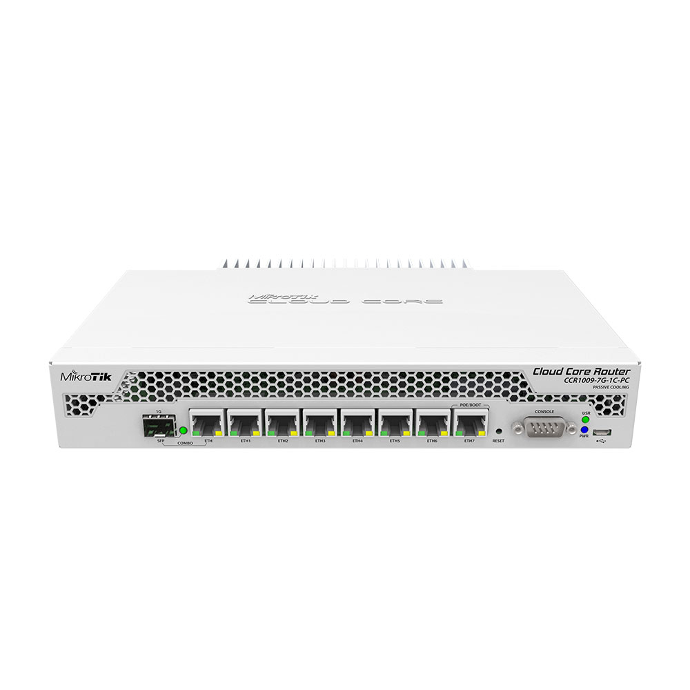 Router Gigabit cu fir MikroTik CCR1009-7G-1C-PC, 8 porturi LAN, 1 port SFP, USB, 10/100/1000 Mbps, PoE la reducere 10/100/1000