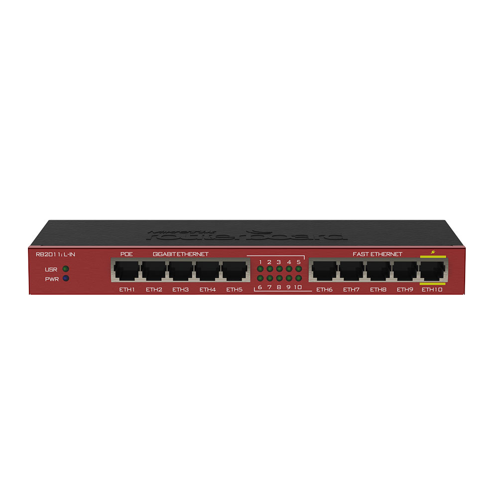 Router Gigabit MikroTik RB2011IL-IN, 5 porturi Gigabit, 5 porturi Fast Ethernet, 10/100/1000 Mbps, PoE 10/100/1000 imagine noua tecomm.ro