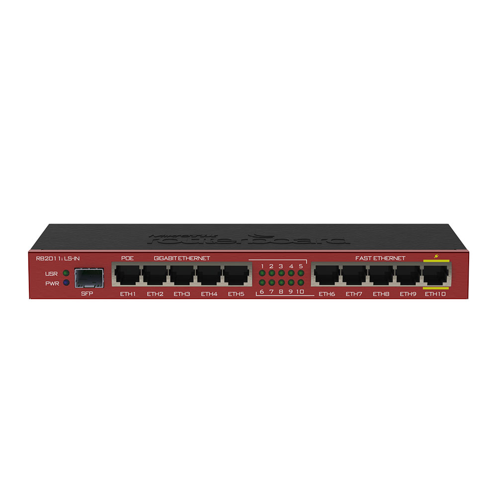 Router Gigabit MikroTik RB2011ILS-IN, 5 porturi Gigabit, 5 porturi Fast Ethernet, 1 port SFP, 10/100/1000 Mbps, PoE 10/100/1000 imagine noua idaho.ro