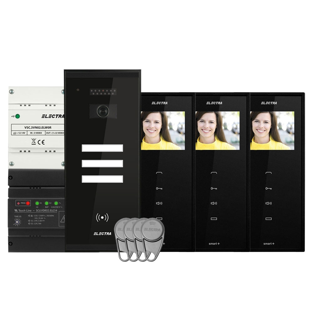 Set videointerfon Electra Smart VID-ELEC-21, RFID, 3 familii, aparent, 3.5 inch Electra imagine noua tecomm.ro