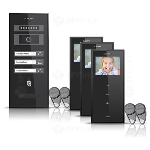 Set videointerfon Electra Smart VID-ELEC-21, 3 familii, aparent, ecran 3.5 inch