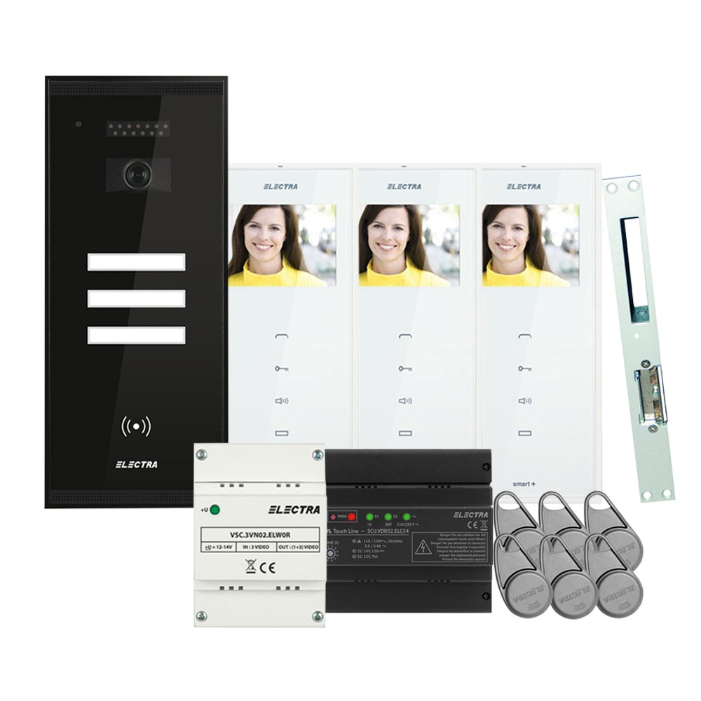 Set videointerfon Electra smart VID-ELEC-22, RFID, 3 familii, aparent, 3.5 inch Electra imagine noua idaho.ro