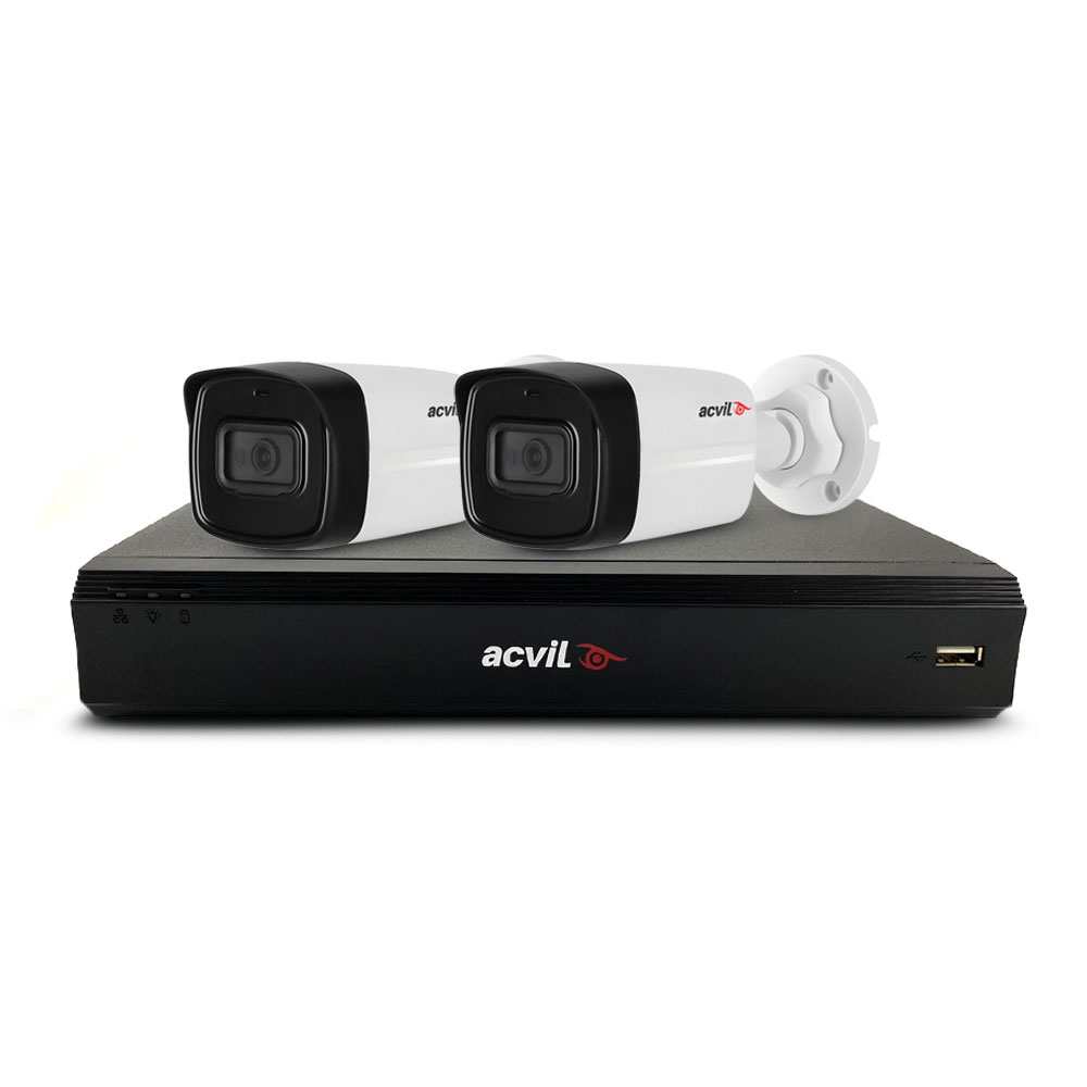 Sistem supraveghere exterior basic Acvil Pro ACV-B2EXT80-2MP-A-V2, 2 camere, 2 MP, IR 80 m, 3.6 mm, audio prin coaxial, PoS, microfon Acvil