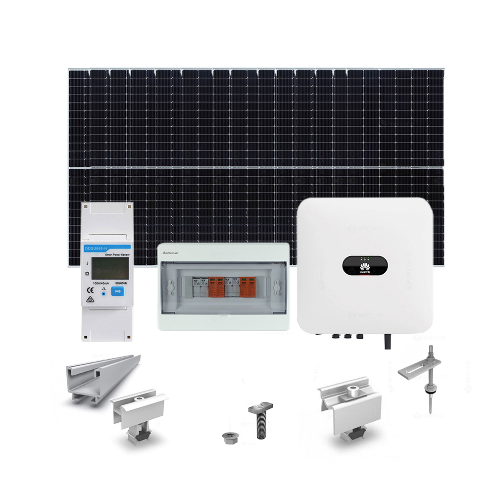 Sistem fotovoltaic 5 kW, invertor Monofazat Hibrid si 12 panouri Canadian Solar, 144 celule, 455 W, pe structura de metal 144