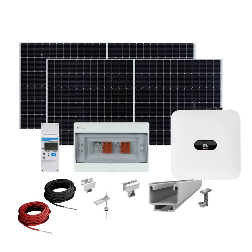 Sistem fotovoltaic complet 5 kW, invertor monofazat Hibrid WiFi si 12 panouri Canadian Solar, 120 celule, 455 W, pe structura de metal OEM