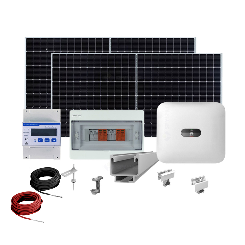 Sistem fotovoltaic complet 5 kW, invertor trifazat On Grid WiFi si 12 panouri Canadian Solar, 120 celule, 455 W, pe structura de metal Canadian Solar