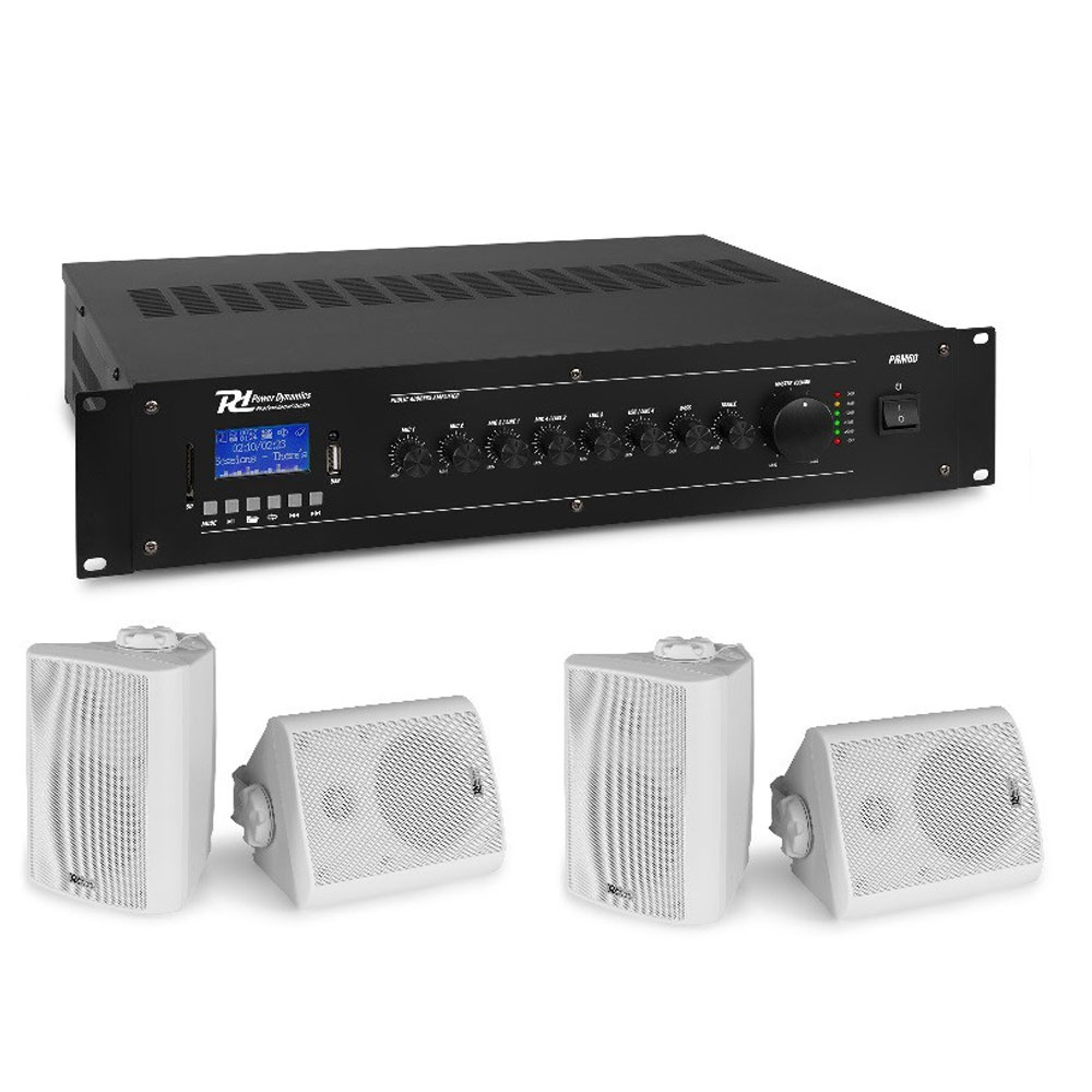 Sistem sonorizare pentru Cafenea Power Dynamics KIT-PRM60-BC40V-WHITE cu amplificator, difuzoare interior/exterior amplificator