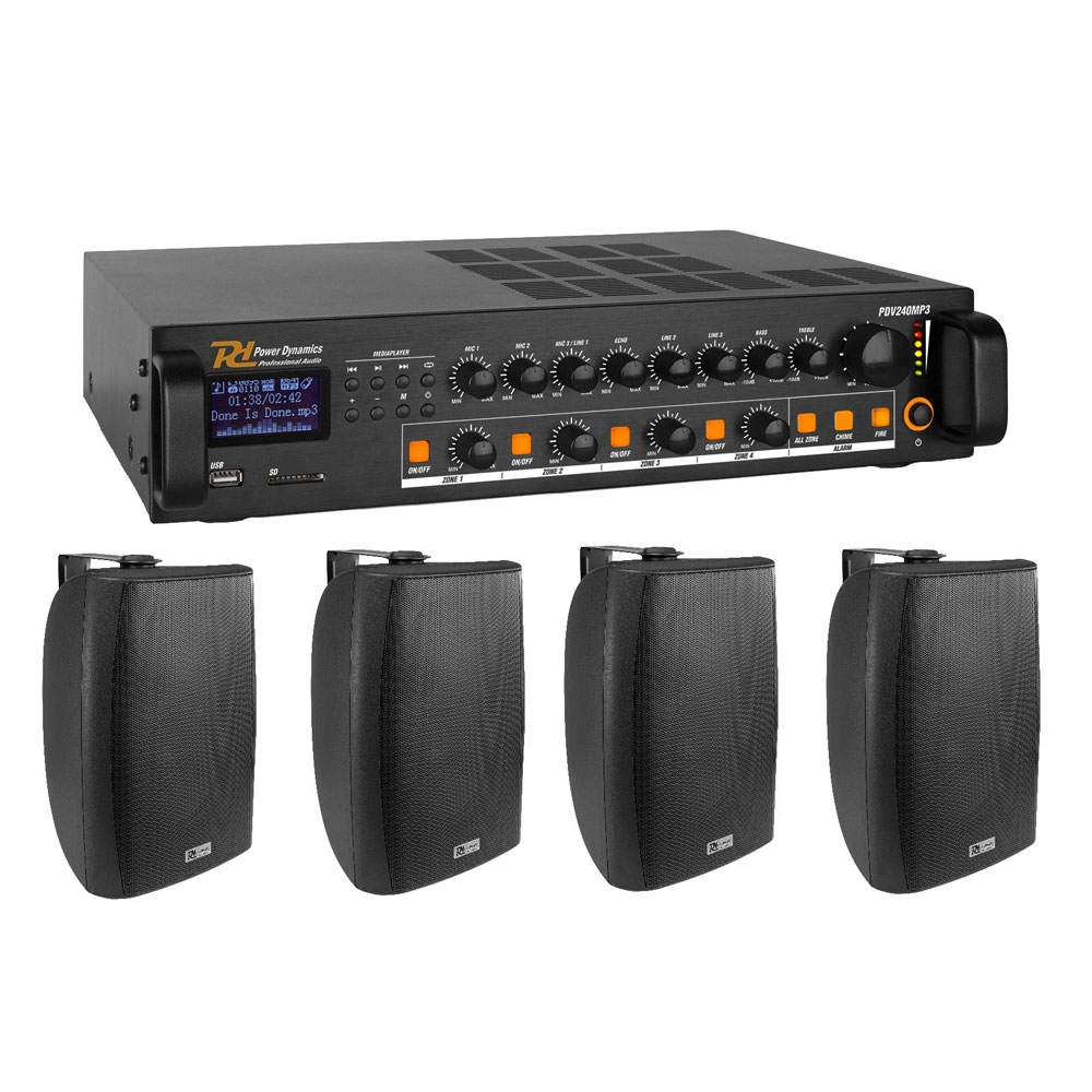 Sistem sonorizare pentru Cafenea Power Dynamics KIT-TERASA-PROFI1 cu amplificator, difuzoare interior/exterior amplificator
