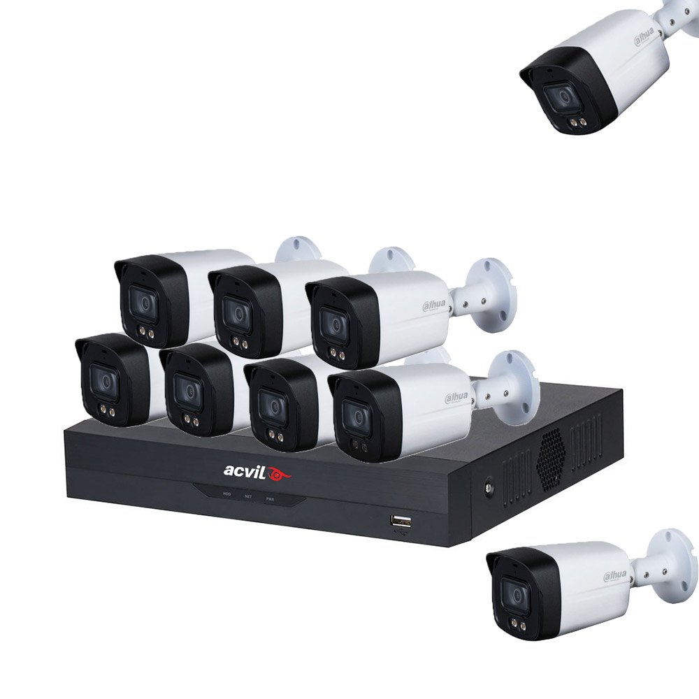 Sistem supraveghere exterior basic Acvil Dahua ACVDH-B8EXTALB40-5MP-M, 8 canale, POS, IoT, 5 MP, lumina alba 40 m, 3.6 mm, microfon