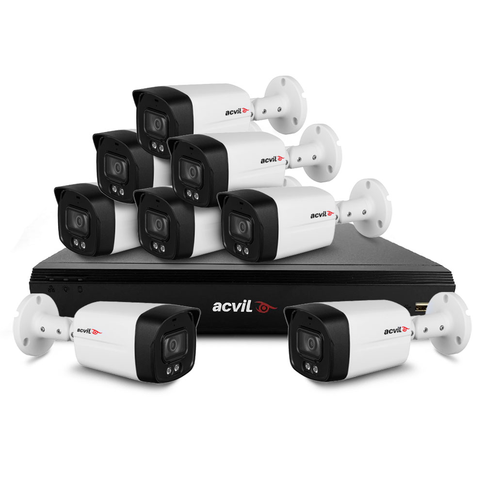 Sistem supraveghere exterior basic Acvil Pro Full Color ACV-B8EXTFC40-5M, 8 camere, 5 MP, lumina alba 40 m, 3.6 mm, audio prin coaxial, microfon Acvil