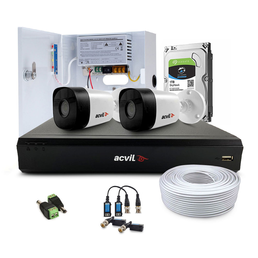 Sistem supraveghere exterior complet Acvil Pro ACV-C2EXT20-5MP-V2, 2 camere, 5 MP, IR 20 m, 2.8 mm, PoS, audio prin coaxial Acvil