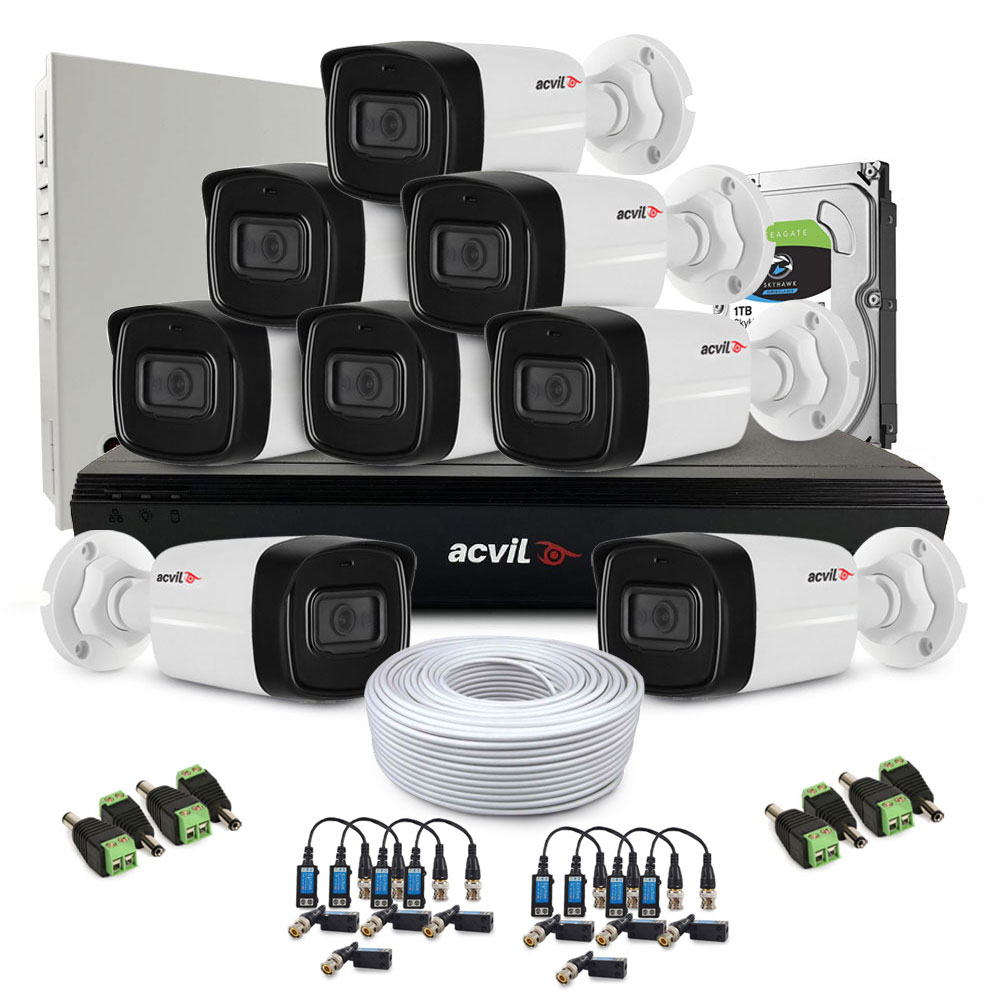Sistem supraveghere exterior complet Acvil Pro ACV-C8EXT80-2MP-A-V2, 8 camere, 2 MP, IR 80 m, 3.6 mm, audio prin coaxial, microfon spy-shop