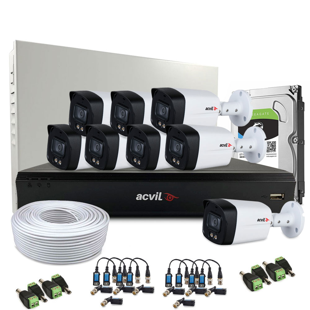 Sistem supraveghere exterior complet Acvil Pro Full Color ACV-C8EXTFC40-5M, 8 camere, 5 MP, lumina alba 40 m, 3.6 mm, audio prin coaxial Acvil