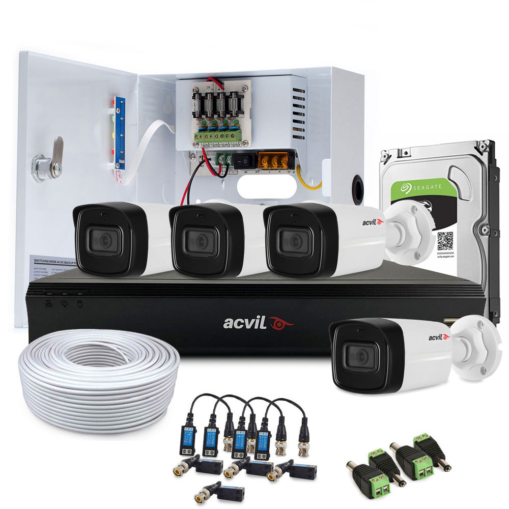 Sistem supraveghere exterior complet Acvil Pro Starlight ACV-C4EXT80-2MP-A, 4 camere, 2 MP, IR 80 m, 3.6 mm, POS, audio prin coaxial, microfon 3.6