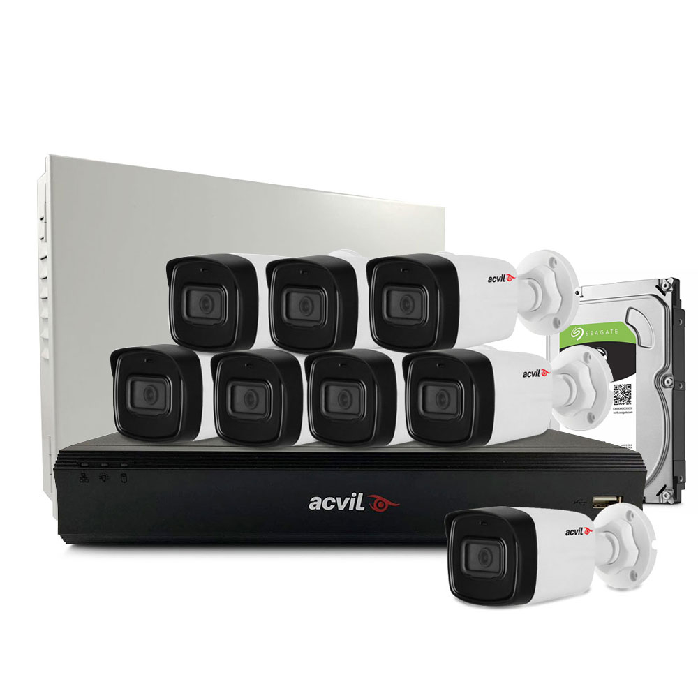 Sistem supraveghere exterior middle Acvil Pro ACV-M8EXT40-2MP-V2, 8 camere, 2 MP, IR 40 m, 2.8 mm, audio prin coaxial