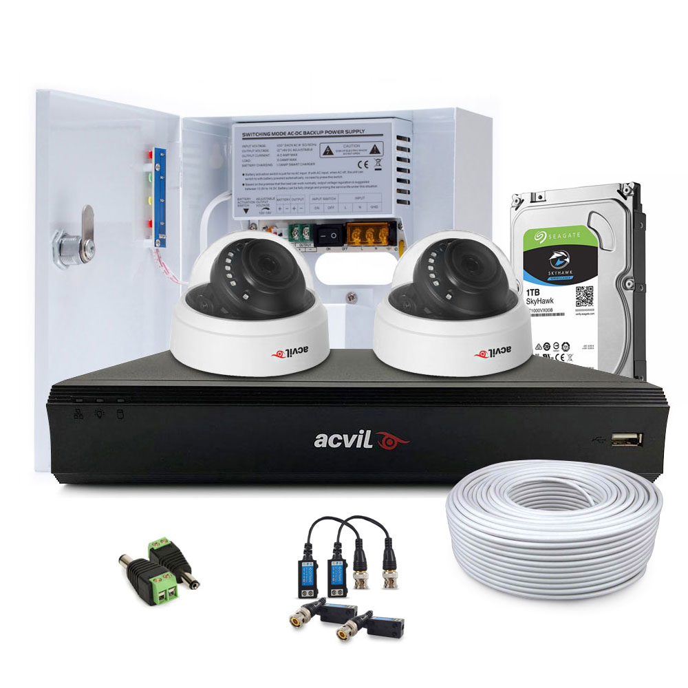 Sistem supraveghere interior complet Acvil Pro ACV-C2INT20-2MP, 2 camere, 2 MP, IR 20 m, 3.6 mm, POS, audio prin coaxial Acvil