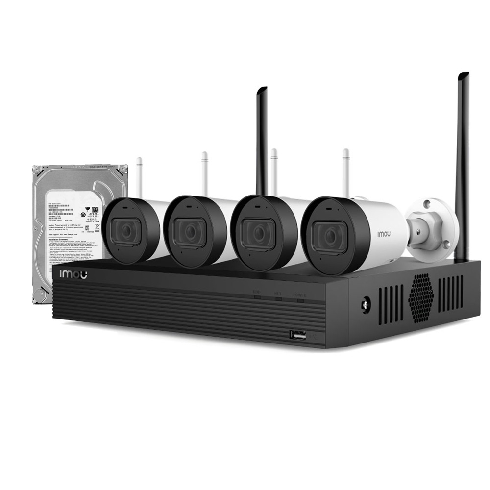 Sistem supraveghere IP WiFi exterior Dahua IMOU KIT/NVR1104HS-W-4KS2/4-G22, 4 camere, 2 MP, IR 30 m, microfon, + HDD 1 TB la reducere camere