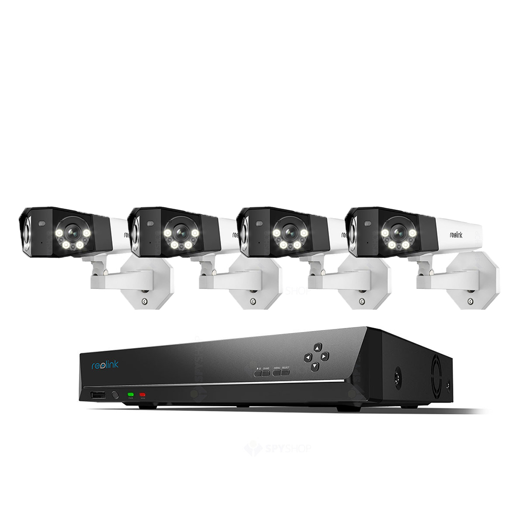 Sistem supraveghere exterior IP Reolink Duo PoE RLK-4XDUO-POE-NVR, 4 camere, 2K, 4mm, unghi vizual 150 grade, slot card, lumina alba / IR 30m, detectie oameni/vehicule, microfon (30M imagine noua tecomm.ro