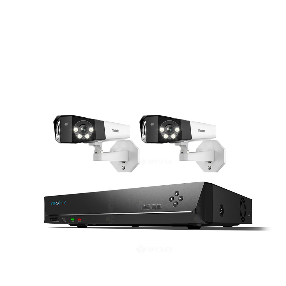 Sistem supraveghere exterior IP Reolink Duo PoE RLK-2XDUO-POE-NVR, 2 camere, 2K, 4mm, unghi vizual 150 grade, slot card, lumina alba / IR 30m, detectie oameni/vehicule, microfon (30M imagine noua tecomm.ro