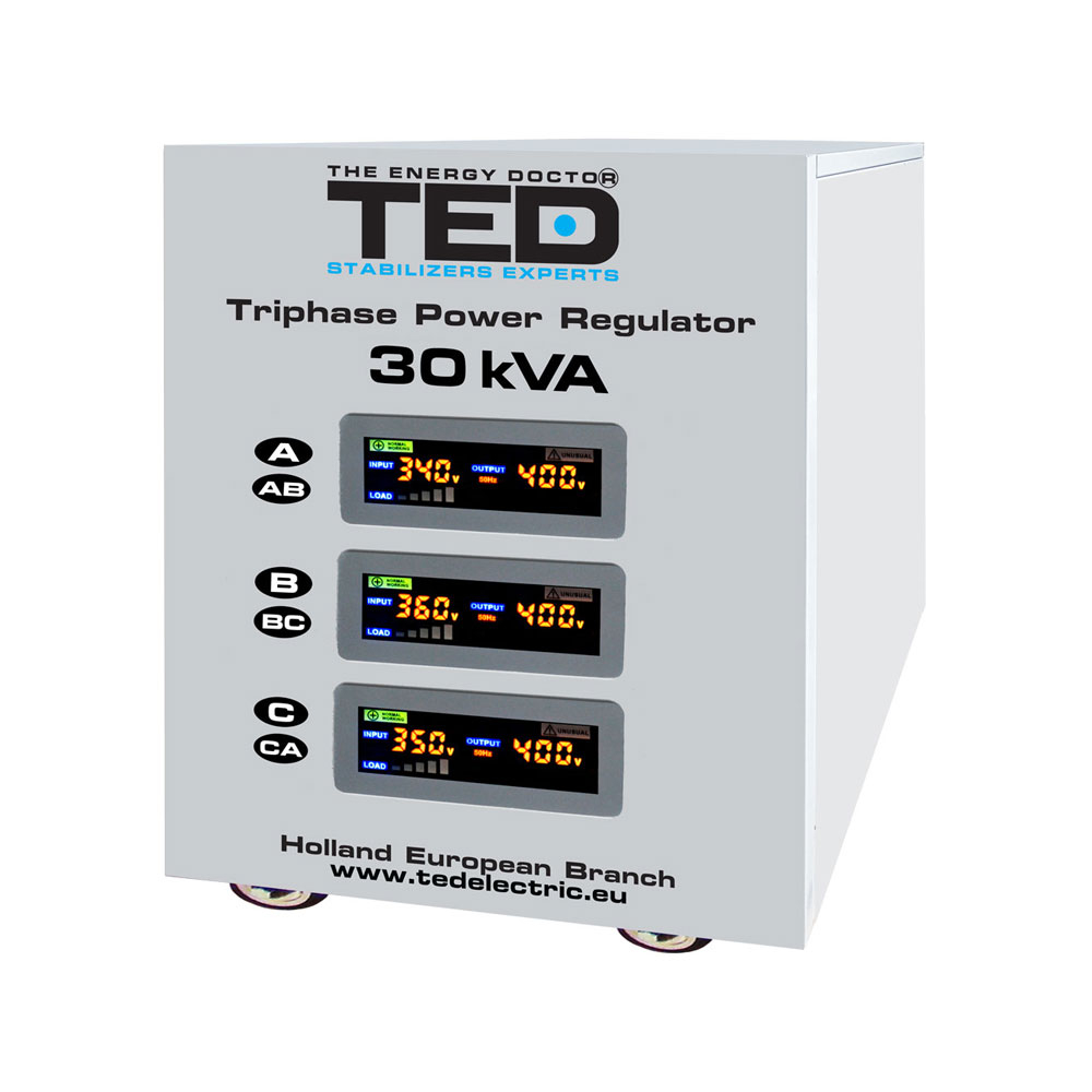 Stabilizator de tensiune cu servomotor trifazat-trifazat TED DZ084039, 30000 VA, 24000 W, regleta la reducere 24000