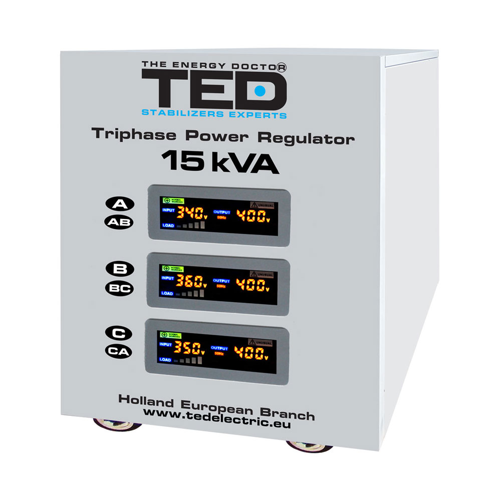 Stabilizator de tensiune cu servomotor trifazat-trifazat TED DZ086198, 15000 VA, 12000 W, regleta spy-shop