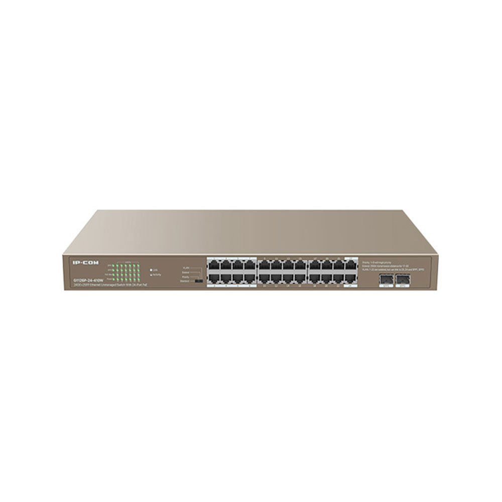 Switch 24 de porturi IP-COM G1126P-24-410W, 2 porturi SFP, 48 Gbps, 35.7 Mpps, 8.000 MAC, PoE, fara management IP-COM