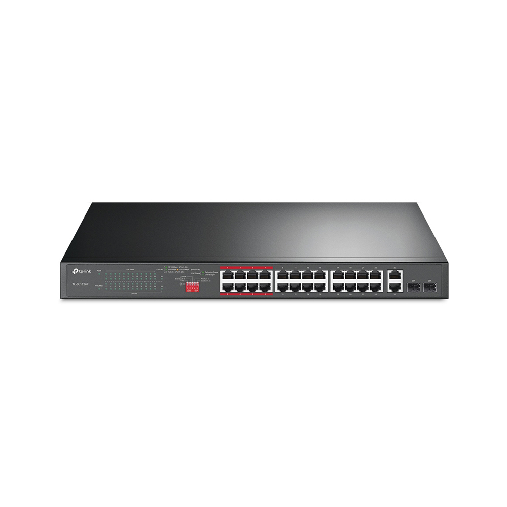 Switch 26 porturi Gigabit TP-Link TL-SL1226P, 10/100/1000 Mbps, 8.8 Gbps, SFP, PoE+, fara management 10/100/1000 imagine 2022 3foto.ro