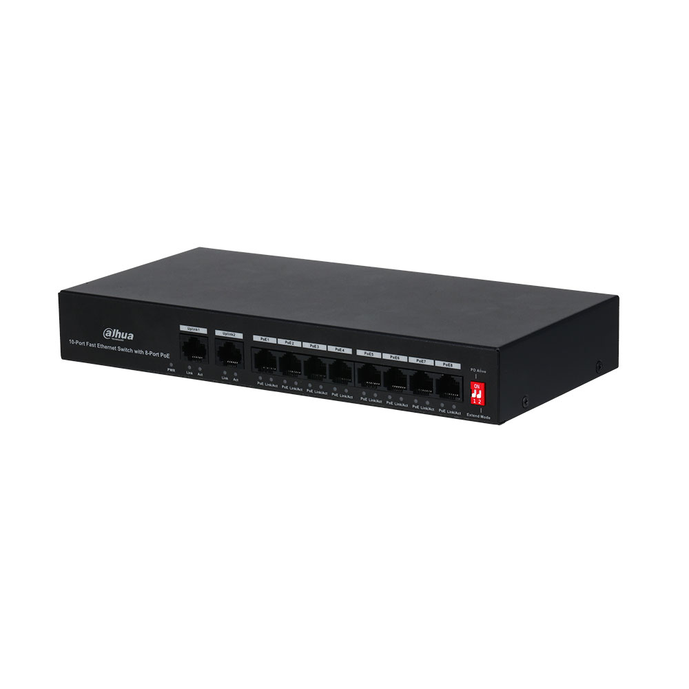 Switch cu 10 porturi Dahua PFS3010-8ET-65, 2000 MAC, 2 Gbps, fara management, 250 m, PoE Dahua
