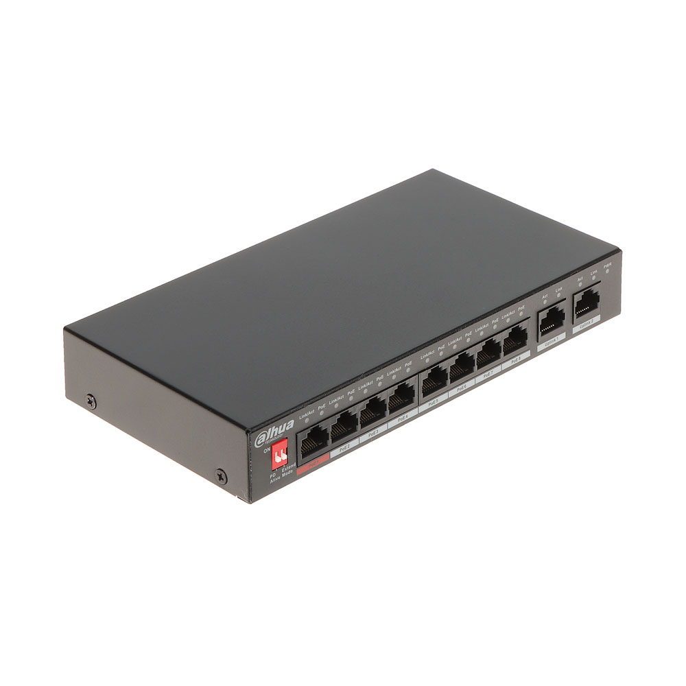 Switch cu 10 porturi Dahua PFS3010-8ET-96-V2, 5.6 Gbps, 4.17 Mpps, 8.000 MAC, fara management, PoE la reducere 4.17