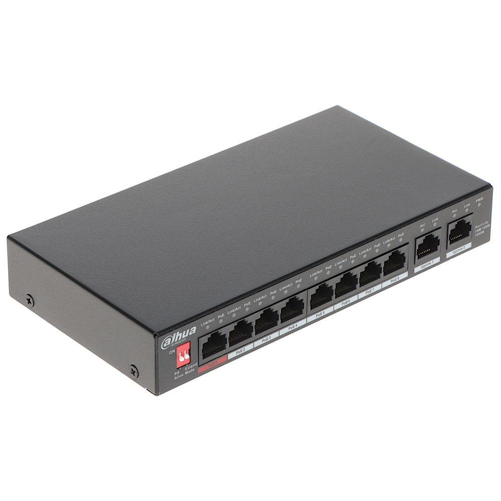 Switch cu 10 porturi PoE Dahua PFS3010-8GT-96-V2, 4000 MAC, 20 Gbps, fara management, PoE