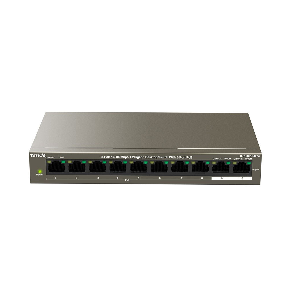 Switch cu 10 porturi Tenda TEF1110P-8-102W, 5.6 Gbps, 1.48 Mpps, 16.000 MAC, PoE, fara management 1.48 imagine noua idaho.ro