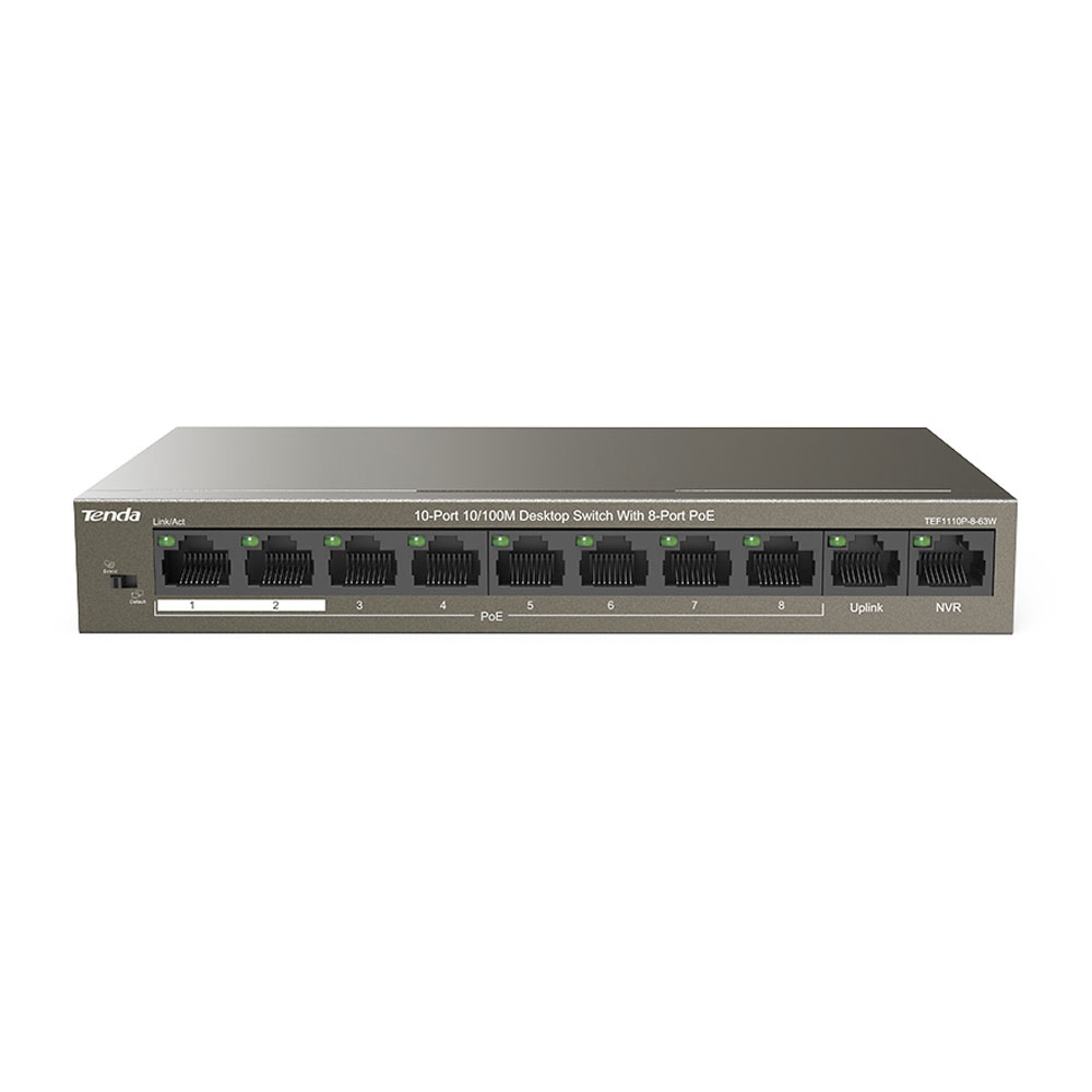 Switch cu 10 porturi Tenda TEF1110P-8-63W, 1.6 Gbps, 1.48 Mpps, 1000 MAC, PoE, fara management 1.48 imagine noua tecomm.ro
