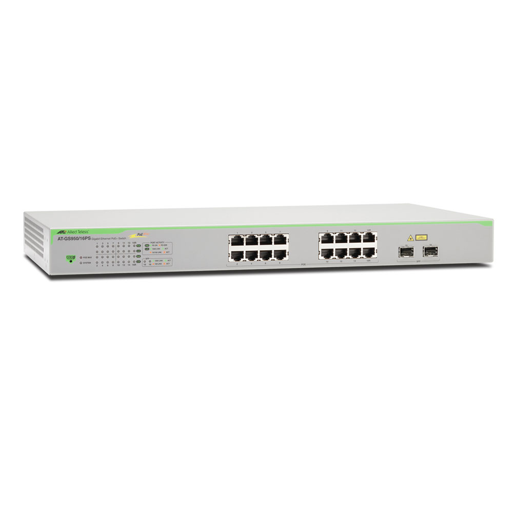 Switch cu 16 porturi Allied Telesis AT-GS950/16PS-50, 32 Gbps, 32.8 Mpps, 8.000 MAC, 2 porturi SFP, PoE, cu management Allied Telesis
