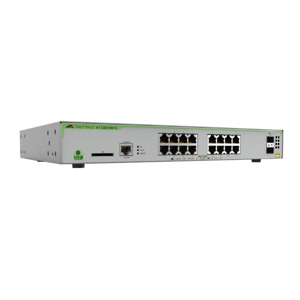 Switch cu 16 porturi Allied Telesis AT-GS970M/18-50, 36 Gbps, 26.8 Mpps, 16.000 MAC, 2 porturi SFP, 1U, cu management 16.000 imagine noua
