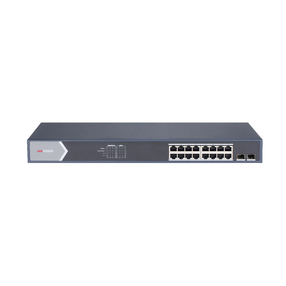 Switch cu 16 porturi Gigabit Hikvision DS-3E0518P-E/M, 2 porturi SFP, 36 Gbps, 26.784 Mpps, 8.000 MAC, PoE, fara management la reducere 26.784
